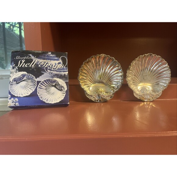 Set Of 2 Silver Plated Shell Trays Old Hampshire Silversmiths with Box - Picture 1 of 9